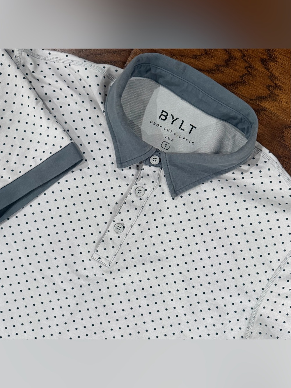 BYLT Drop Cut Lux Polo Shirt Mens S Grey Polka Dot Stretch Performance Casual
